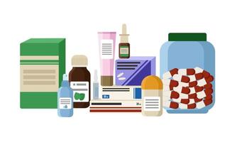 Medicines in tubes, jars, ampoules, packages and bottles. Pills, cream, nose drops, antiseptic, syrup, vitamins. Vector illustration of pharmaceutical products.