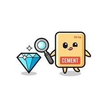 la mascota del saco de cemento está comprobando la autenticidad de un diamante vector