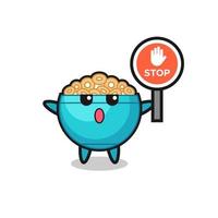 cereal bowl character illustration holding a stop sign vector