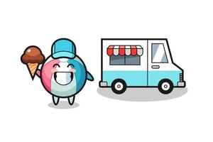 caricatura de mascota de pelota de playa con camión de helados vector