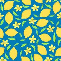 Vector seamless fruit pattern, yellow lemon with flowers on a blue background. A luxurious pattern for the design of websites, vegan products, packaging, textiles, etc.