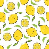 Vector seamless fruit pattern, cute yellow lemon and lemon slices on a white background. Luxury template for website design, vegan products, packaging, textiles, etc.