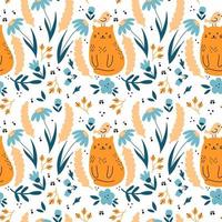 Seamless floral pattern. Cute cat with bird on his head. Spring garden. Background for sewing clothes and printing on fabric. Summer wrapping paper. vector