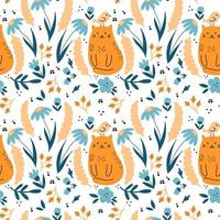 Seamless floral pattern. Cute cat with bird on his head. Spring garden. Background for sewing clothes and printing on fabric. Summer wrapping paper. vector