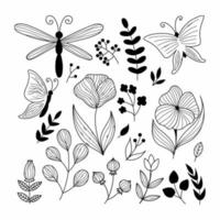 Set  hand drawn floral elements. Butterfly and dragonfly in doodle style. Collection of botanical icons. Vector illustration. Postcard design.