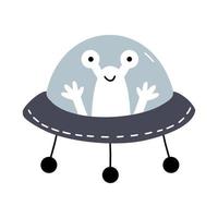 Funny alien in flying saucer. UFO. Vector doodle illustration for children. Design poster in nursery.