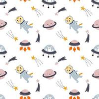 Seamless children pattern with space rocket and planets. Cute cat in space suit. Printing on fabric and wrapping paper. Background for baby textiles. vector