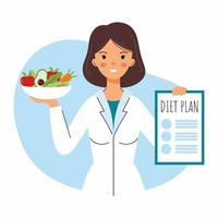 Family nutritionist. Happy doctor. Healthy nutrition and  diet plan. Vector character in flat style.