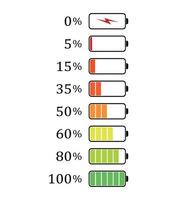 conjunto de iconos de niveles de carga de la batería, ilustración del indicador de porcentaje de batería del teléfono inteligente. vector