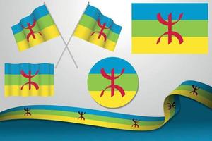 Set Of Berber, Amazigh Flags In Different Designs, Icon, Flaying Flags And Ribbon With Background. vector