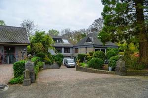 Nicely trimmed bushes, green fence and lawn at front yard of the house. Landscape design photo