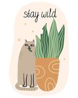 Stay wild. Card with a cat eating sansevieria houseplant in a flower pot. Flat style. Vector hand drawn illustration isolated on white background. Funny pet.