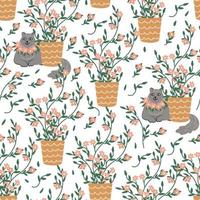 Cats in the garden with blooming plants seamless pattern. Hand drawn flat vector illustration. Potted plants and pets. Great for fabrics, wrapping papers, wallpapers, covers.