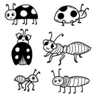 Collection of cute insects - ladybug and ants. Linear hand drawn doodle. Vector illustration. Isolated elements for design, decor, decoration and print.