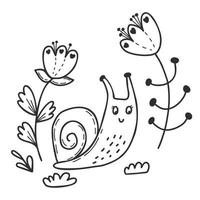 Cute garden snail with decorative flowers and grass. Linear hand drawn doodle. Funny mollusk cochlea. Vector illustration.