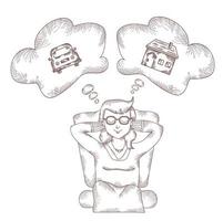 girl sits and dreams with her eyes closed. Above her is cloud with pictures of her cherished desires - house and car. Hand drawn vector drawing - strokes and lines.
