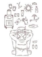 girl sits and dreams with her eyes closed. Above it are different pictures of what you need to relax - sun, suitcase on wheels, cream, tickets. Hand drawn. vector - strokes and line