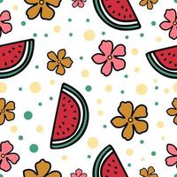 Watermelon slice and blooming flowers seamless pattern vector