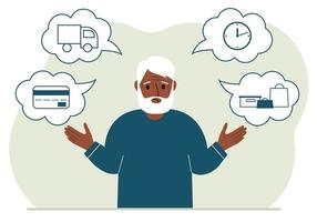 Ordering and delivery process concepts. Sad grandfather and steps of a delivery order. Payment, delivery car, waiting hours and goods and purchases. Vector flat illustration