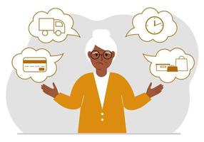 Ordering and delivery process concepts. Sad grandmother and steps of a delivery order. Payment, delivery car, waiting hours and goods and purchases. Vector flat illustration