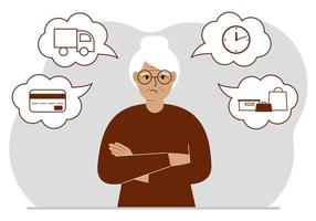 Ordering and delivery process concepts. Sad grandmother and steps of a delivery order. Payment, delivery car, waiting hours and goods and purchases. Vector flat illustration