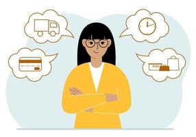 Ordering and delivery process concepts. Happy woman and steps of a delivery order. Payment, delivery car, waiting hours and goods and purchases. Vector flat illustration