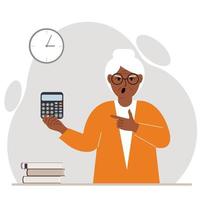 Angry screaming grandmother holds a digital calculator in his hand and points to the calculator with the other hand. Vector flat illustration