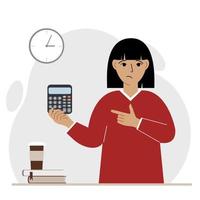 A sad woman holds a digital calculator in his hand and gestures, pointing with the finger of his other hand to the calculator. Vector flat illustration