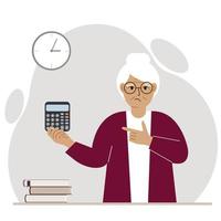 A sad grandmother holds a digital calculator in his hand and gestures, pointing with the finger of his other hand to the calculator. Vector flat illustration