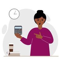 Angry screaming woman holds a digital calculator in his hand and points to the calculator with the other hand. Vector flat illustration