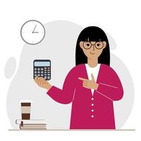 mujer feliz sostiene una calculadora digital en la mano y hace gestos con la otra mano a la calculadora. ilustración plana vectorial vector