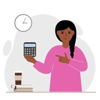Happy woman holds a digital calculator in his hand and gestures with his other hand to the calculator. Vector flat illustration