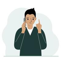 hombre triste hablando por un teléfono celular con emociones. una mano con el teléfono la otra con un gesto de dedo índice hacia arriba. ilustración plana vectorial vector