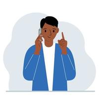 Smiling man talking on a cell phone with emotions. One hand with the phone the other with a forefinger up gesture. Vector flat illustration