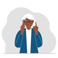 Sad grandmother talking on a cell phone with emotions. One hand with the phone the other with a forefinger up gesture. Vector flat illustration