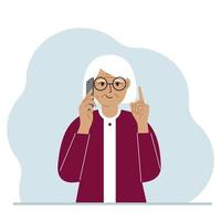 Smiling grandmother talking on a cell phone with emotions. One hand with the phone the other with a forefinger up gesture. Vector flat illustration