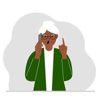 Screaming grandmother talking on a cell phone with emotions. One hand with the phone the other with a forefinger up gesture. Vector flat illustration