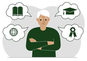 Sad grandfather with thoughts about learning. Internet profession, higher education, stock exchange, financial literacy. Various icons about education. Vector flat illustration