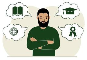 hombre feliz con pensamientos sobre el aprendizaje. profesión de internet, educación superior, bolsa de valores, alfabetización financiera. varios íconos sobre la educación. ilustración plana vectorial vector