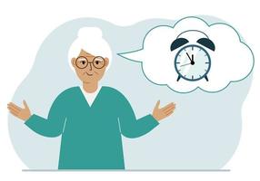 Happy grandmother with thought balloon with alarm clock. Time management, planning, organization of working time, effective business, deadline. Vector flat illustration