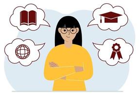 Happy woman with thoughts about learning. Internet profession, higher education, stock exchange, financial literacy. Various icons about education. Vector flat illustration