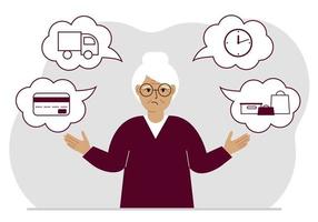 Ordering and delivery process concepts. Sad grandmother and steps of a delivery order. Payment, delivery car, waiting hours and goods and purchases. Vector flat illustration