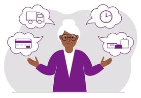 Ordering and delivery process concepts. Happy grandmother and steps of a delivery order. Payment, delivery car, waiting hours and goods and purchases. Vector flat illustration