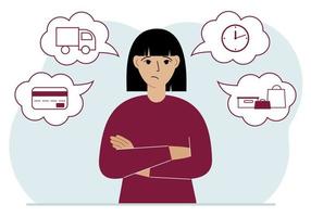 Ordering and delivery process concepts. Sad woman and steps of a delivery order. Payment, delivery car, waiting hours and goods and purchases. Vector flat illustration