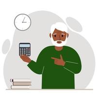 Happy grandfather holds a digital calculator in his hand and gestures, pointing with the finger of his other hand to the calculator. Vector flat illustration