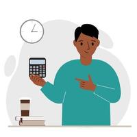 Happy man holds a digital calculator in his hand and gestures with his other hand to the calculator. Vector flat illustration