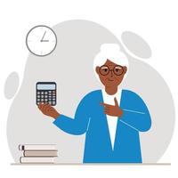 Happy grandmother holds a digital calculator in his hand and gestures, pointing with the finger of his other hand to the calculator. Vector flat illustration