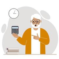 Angry screaming grandfather holds a digital calculator in his hand and points to the calculator with the other hand. Vector flat illustration