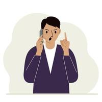 Screaming man talking on a cell phone with emotions. One hand with the phone the other with a forefinger up gesture. Vector flat illustration