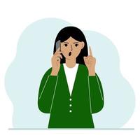 mujer gritando hablando por un celular con emociones. una mano con el teléfono la otra con un gesto de dedo índice hacia arriba. ilustración plana vectorial vector